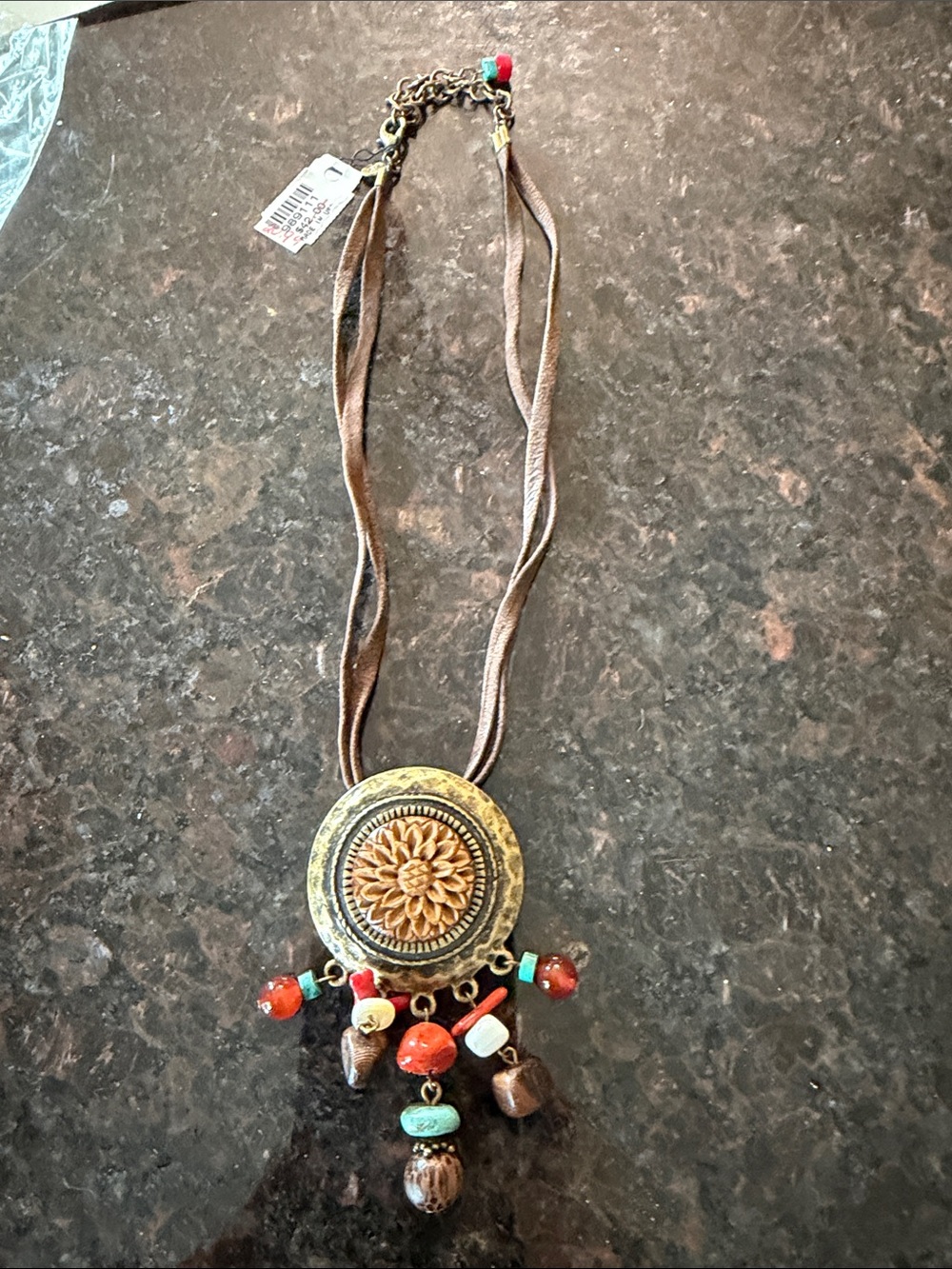 Chicos Y2K leather Boho Floral Pendant Necklace with Red and Turquoise accents